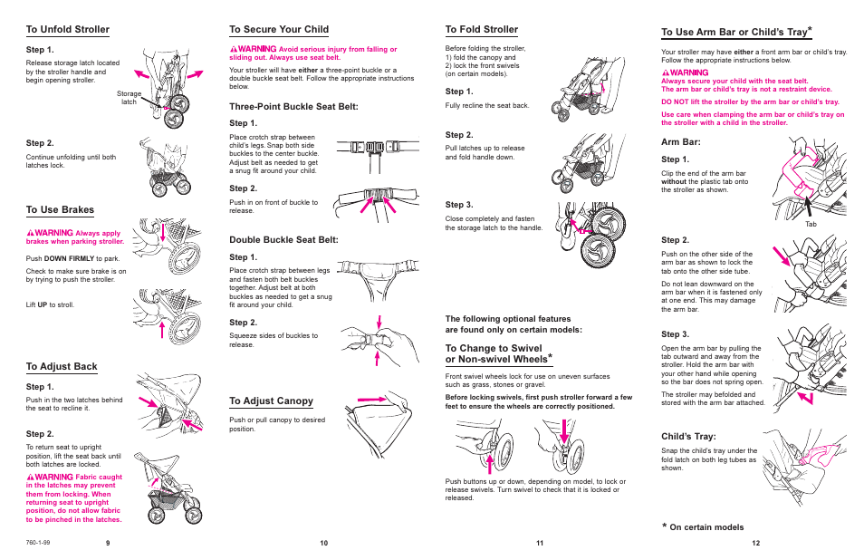 Three-point buckle seat belt, Double buckle seat belt, Arm bar | Childs tray | Graco 6675 User Manual | Page 3 / 4