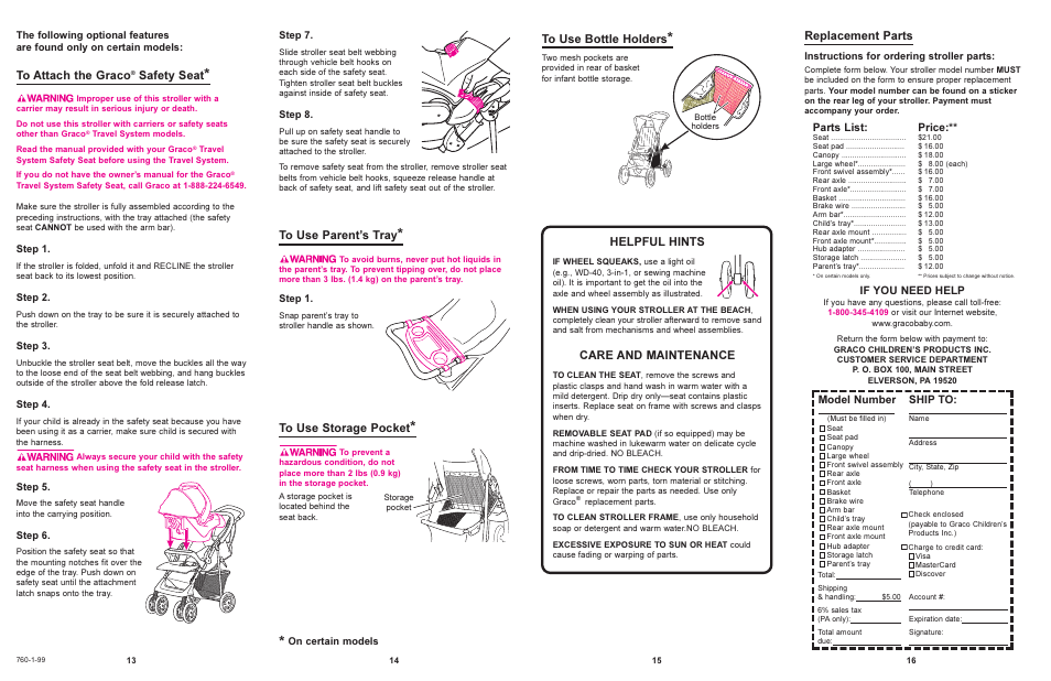 Helpful hints, Care and maintenance, Replacement parts | Safety seat, If you need help, Model number, Ship to, Parts list, Price | Graco 6675 User Manual | Page 4 / 4