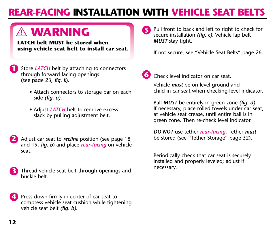 Warning, Rear-facing installation with vehicle seat belts | Graco ISPC001BA User Manual | Page 14 / 80