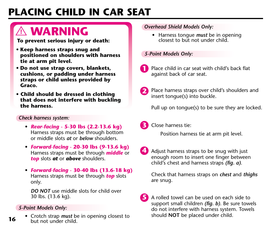 Warning, Placing child in car seat | Graco ISPC001BA User Manual | Page 18 / 80
