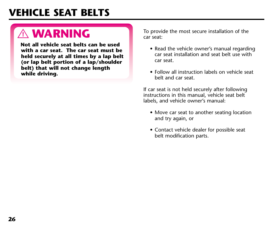 Warning, Vehicle seat belts | Graco ISPC001BA User Manual | Page 28 / 80