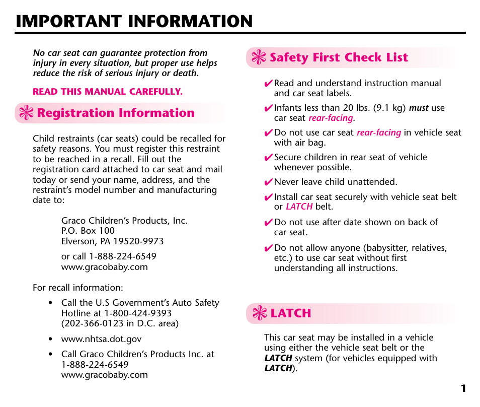 Important information, Registration information, Safety first check list | Latch | Graco ISPC001BA User Manual | Page 3 / 80