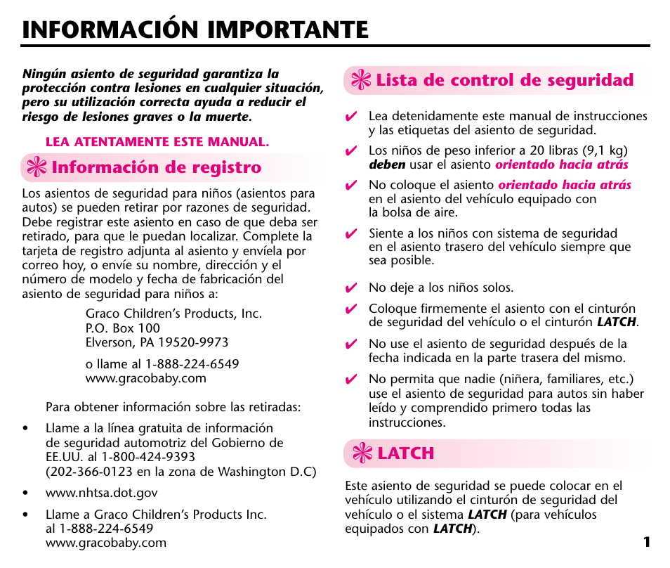 Información importante, Información de registro, Lista de control de seguridad | Latch | Graco ISPC001BA User Manual | Page 43 / 80