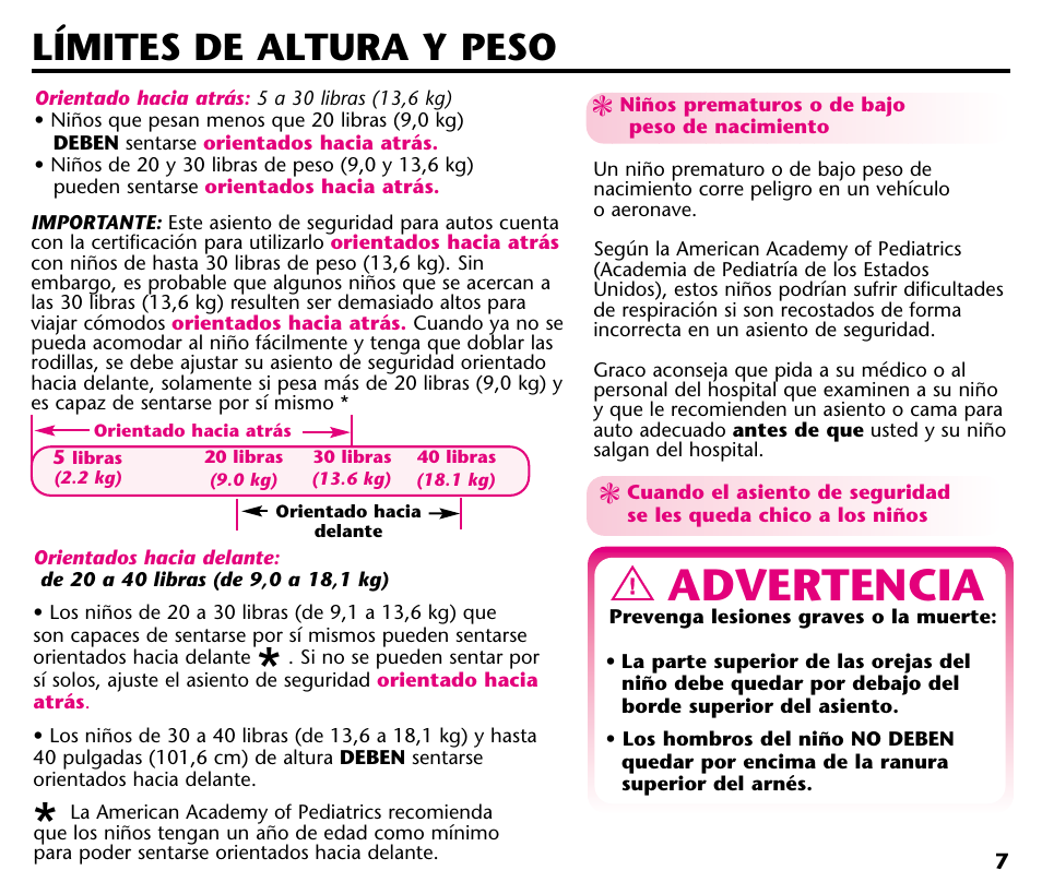 Advertencia, Límites de altura y peso | Graco ISPC001BA User Manual | Page 49 / 80