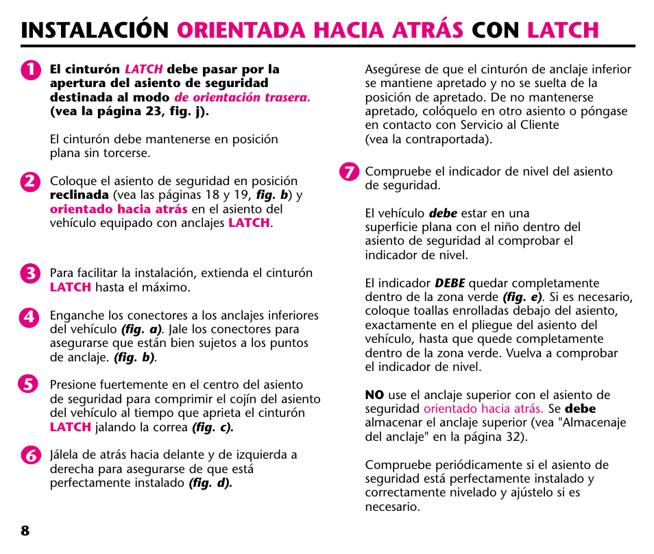 Instalación orientada hacia atrás con latch | Graco ISPC001BA User Manual | Page 50 / 80