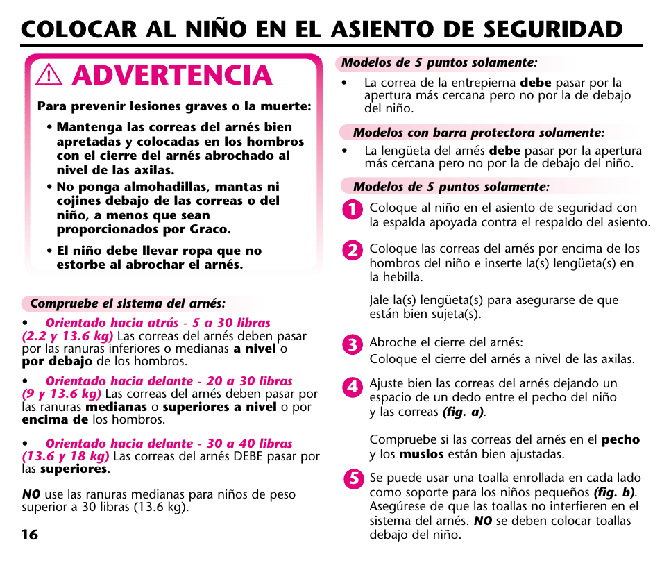 Advertencia, Colocar al niño en el asiento de seguridad | Graco ISPC001BA User Manual | Page 58 / 80