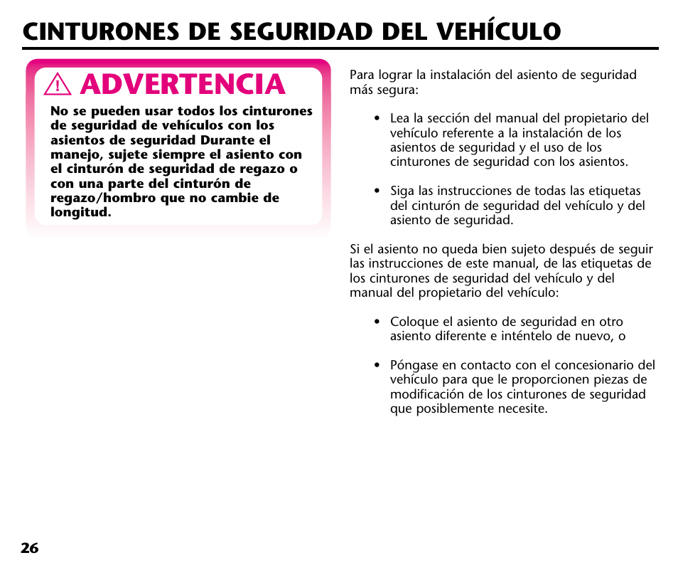 Advertencia, Cinturones de seguridad del vehículo | Graco ISPC001BA User Manual | Page 68 / 80