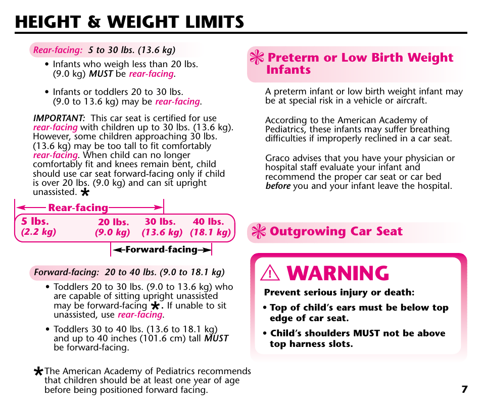 Warning, Height & weight limits | Graco ISPC001BA User Manual | Page 9 / 80