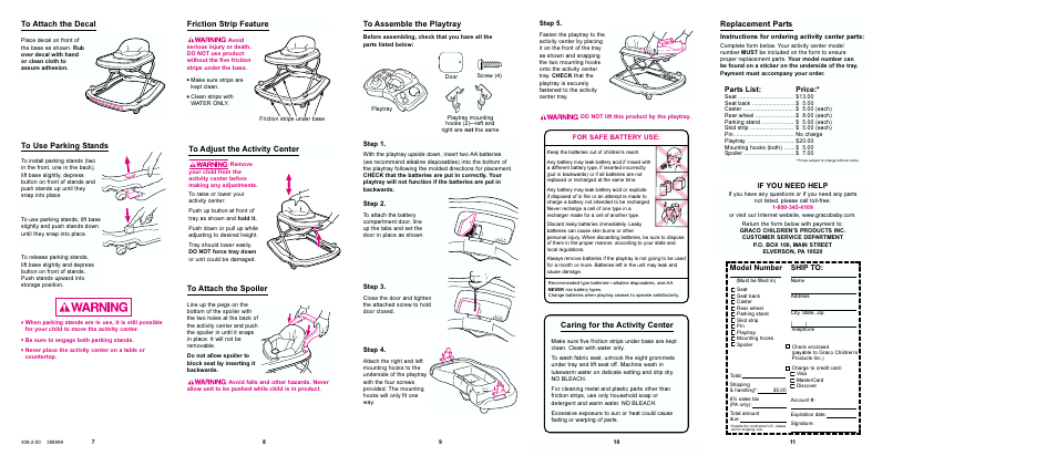 Replacement parts, If you need help, Model number | Ship to, Parts list, Price | Graco TOT WHEELS ENTERTAINER 4033 User Manual | Page 4 / 6