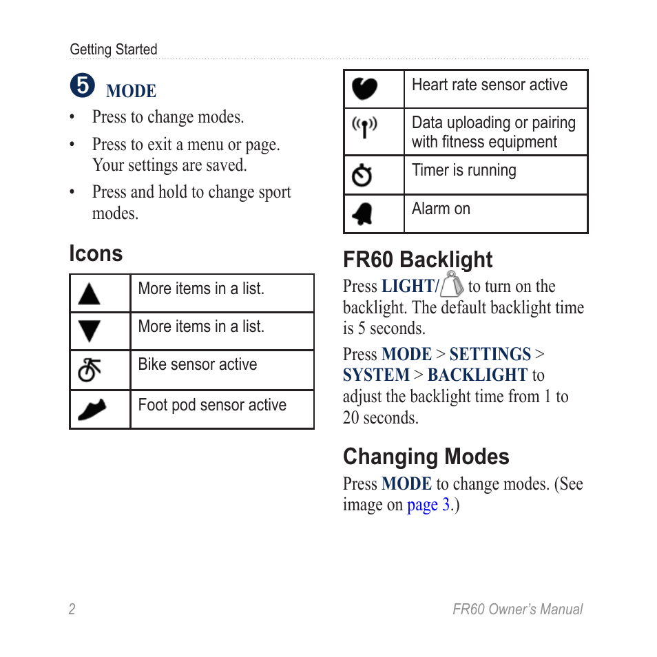 Icons, Fr60 backlight, Changing modes | Graco FR60 User Manual | Page 8 / 48