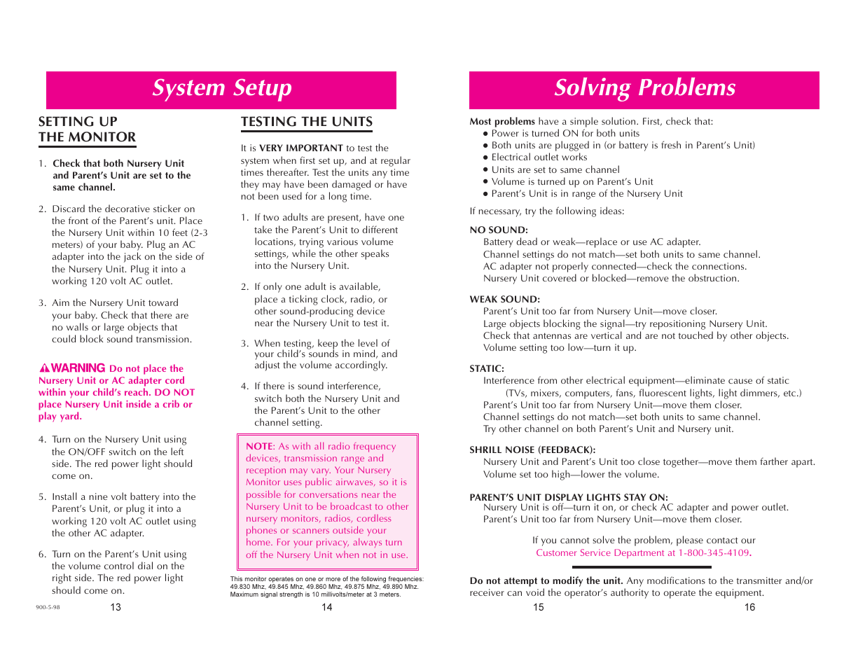 Solving problems, System setup, Setting up the monitor | Testing the units | Graco Ultra Clear 2700 User Manual | Page 4 / 4