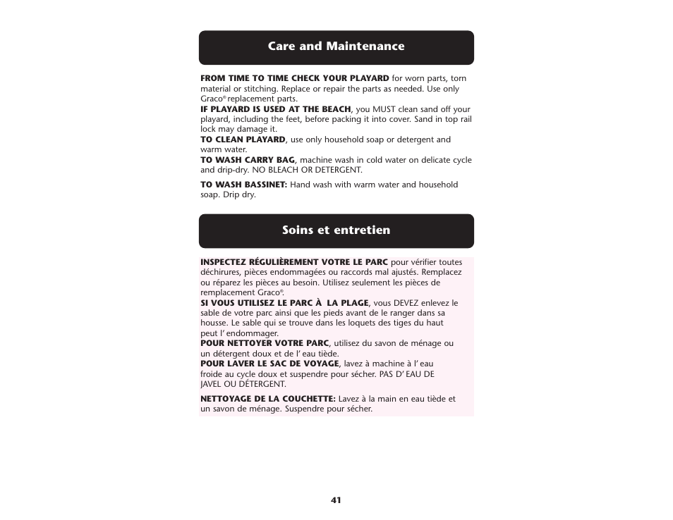 Care and maintenance soins et entretien | Graco ISPP064AC User Manual | Page 41 / 44