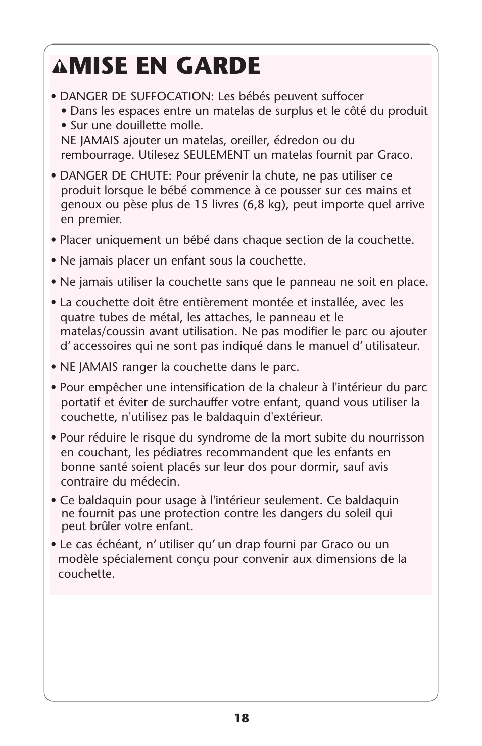 Mise en garde | Graco Pack 'n Play ISPP067AC User Manual | Page 18 / 24