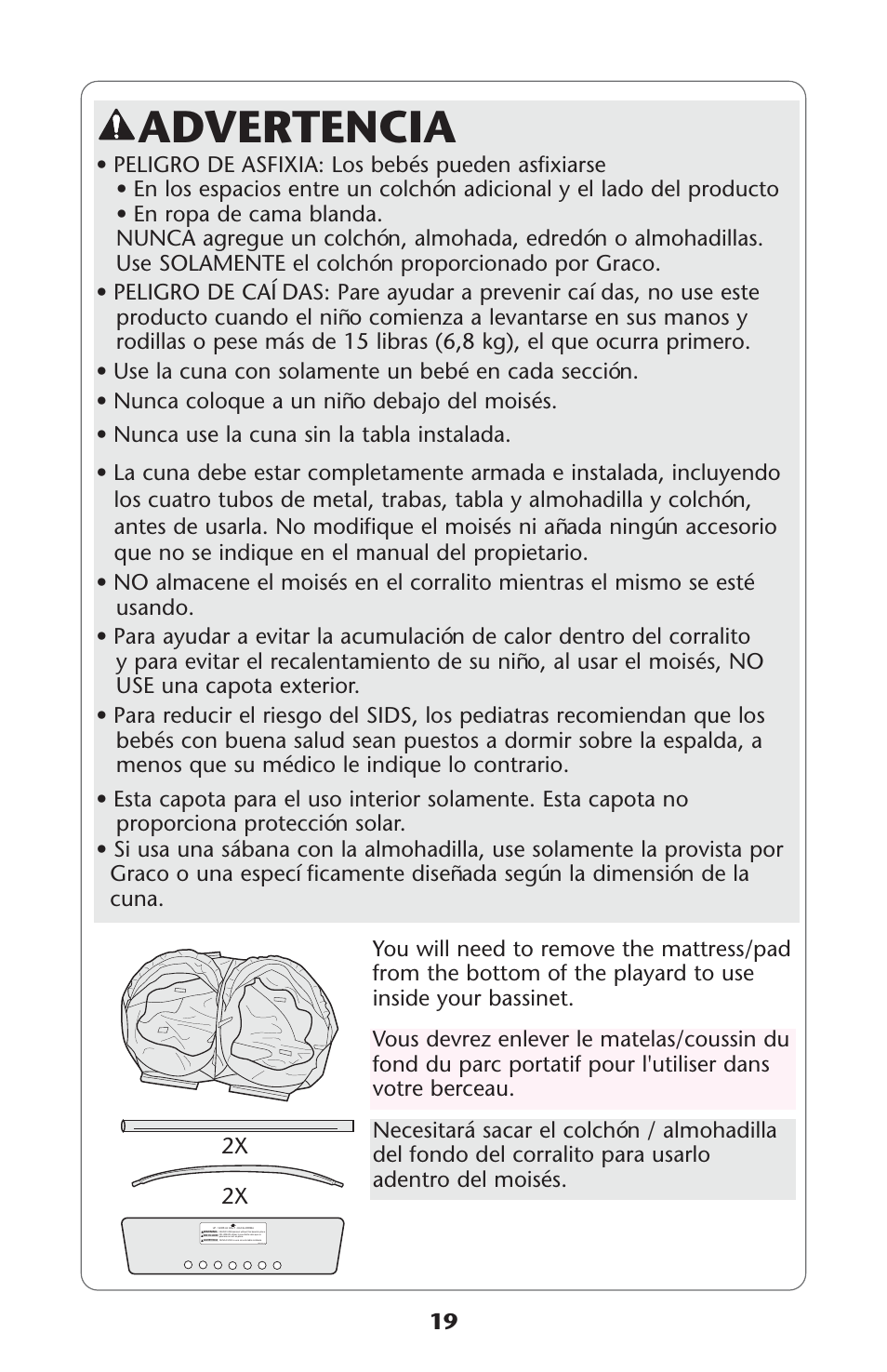 Advertencia, 19 2x | Graco Pack 'n Play ISPP067AC User Manual | Page 19 / 24