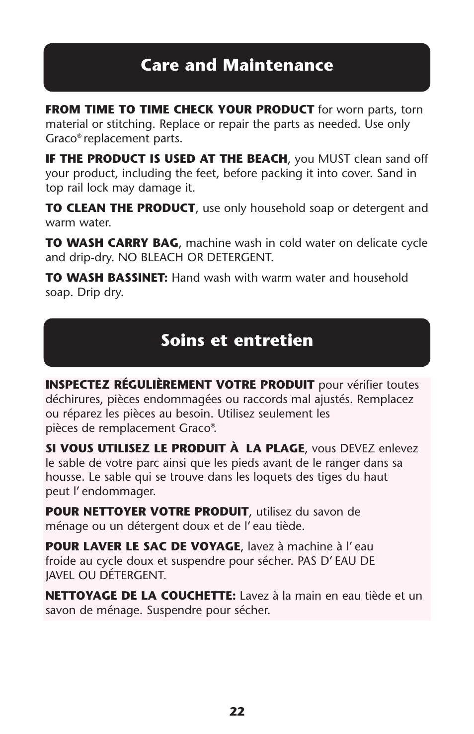 Soins et entretien, Care and maintenance | Graco Pack 'n Play ISPP067AC User Manual | Page 22 / 24