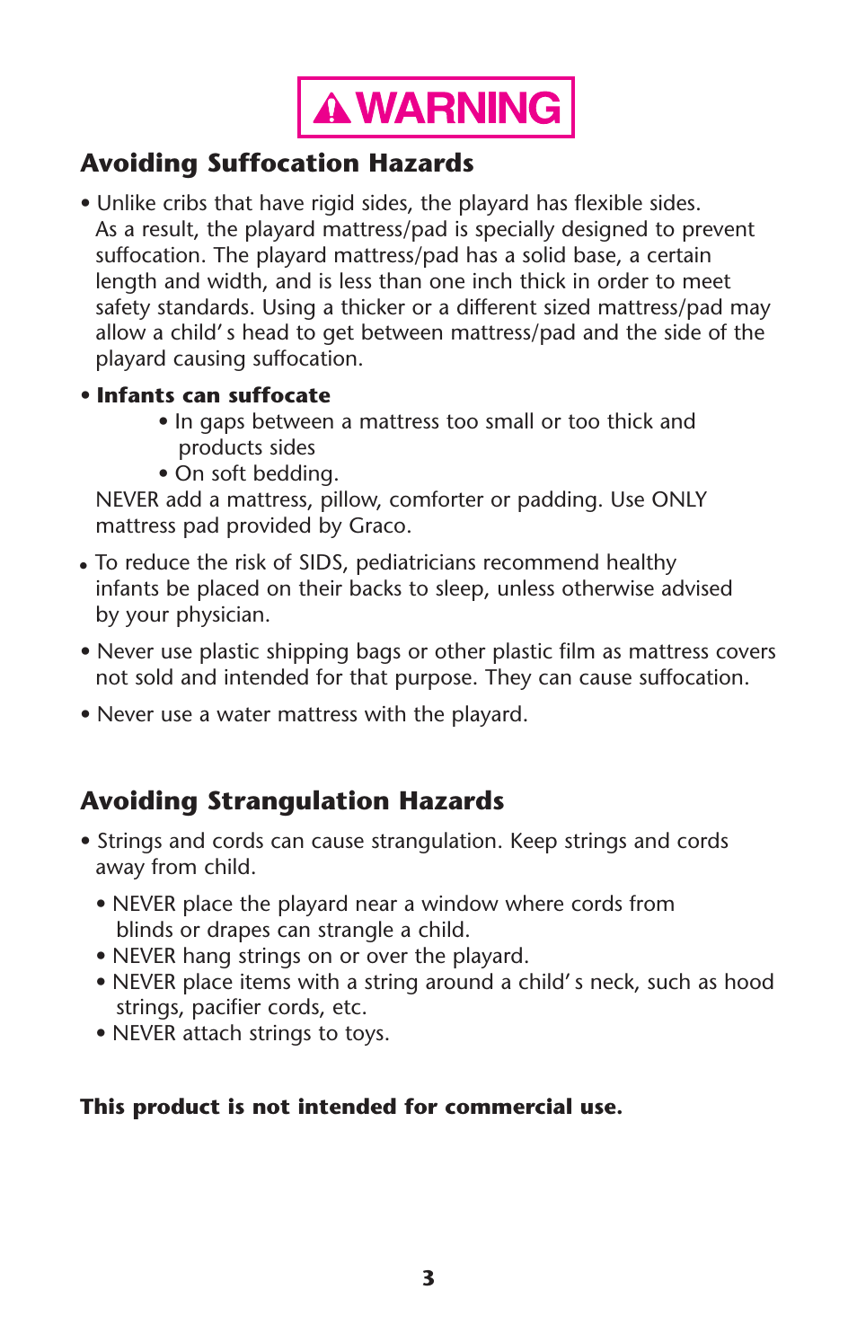 Avoiding suffocation hazards, Avoiding strangulation hazards | Graco Pack 'n Play ISPP067AC User Manual | Page 3 / 24