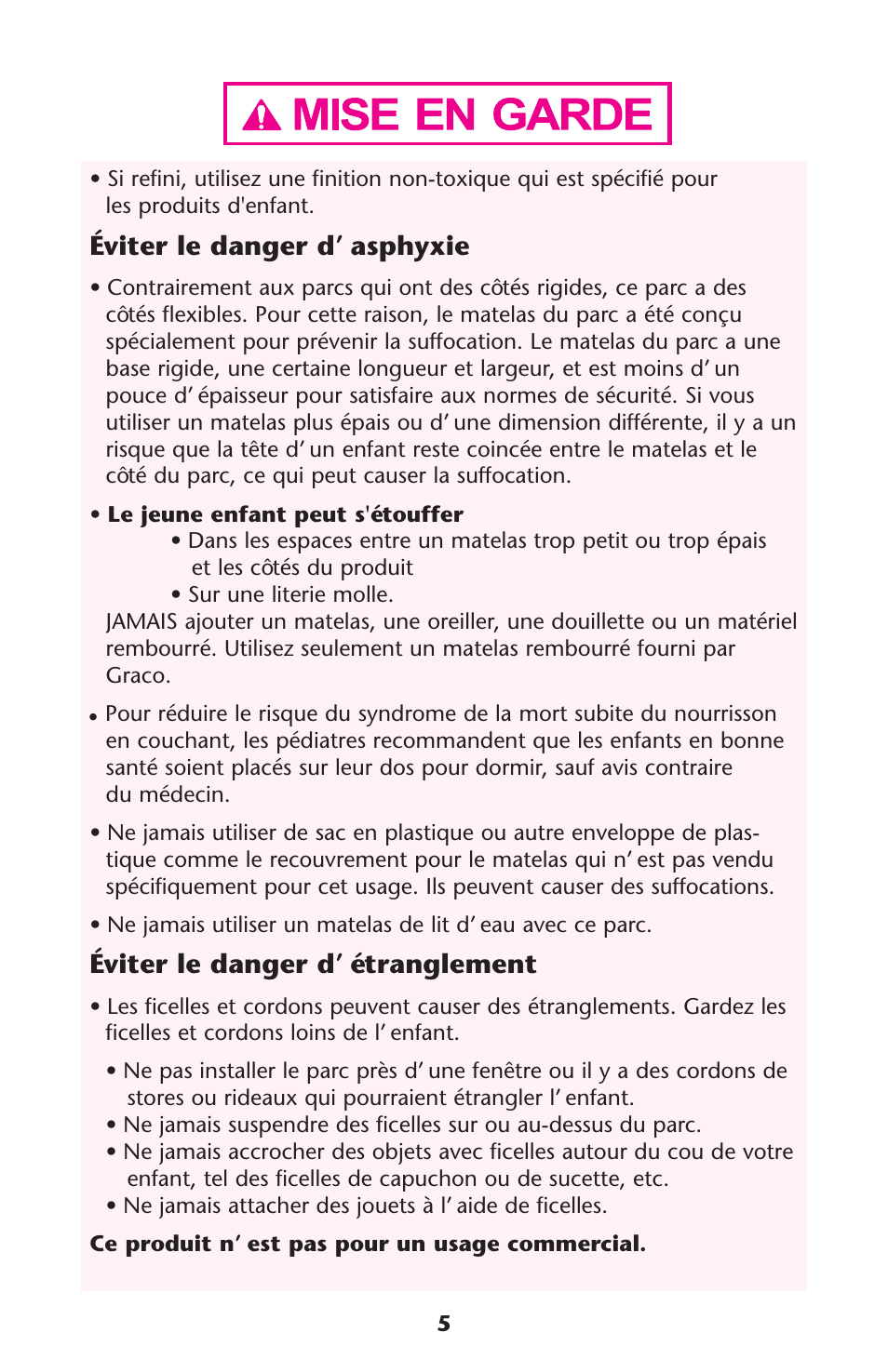 Éviter le danger d’ asphyxie, Éviter le danger d’ étranglement | Graco Pack 'n Play ISPP067AC User Manual | Page 5 / 24