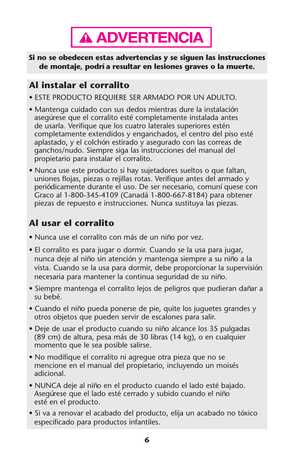 Al instalar el corralito, Al usar el corralito | Graco Pack 'n Play ISPP067AC User Manual | Page 6 / 24