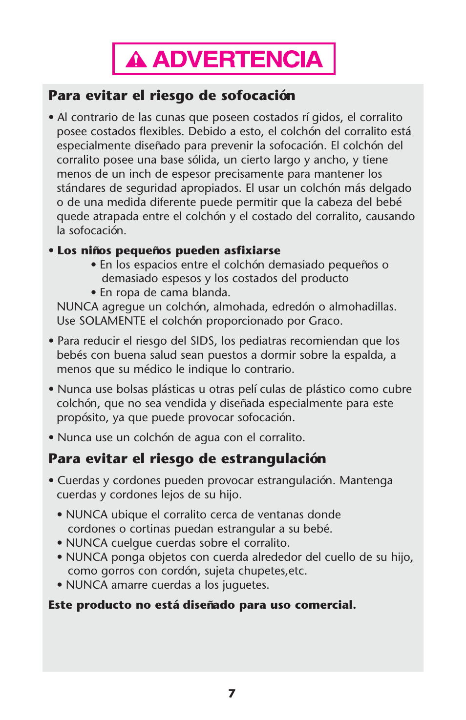 Para evitar el riesgo de sofocación, Para evitar el riesgo de estrangulación | Graco Pack 'n Play ISPP067AC User Manual | Page 7 / 24