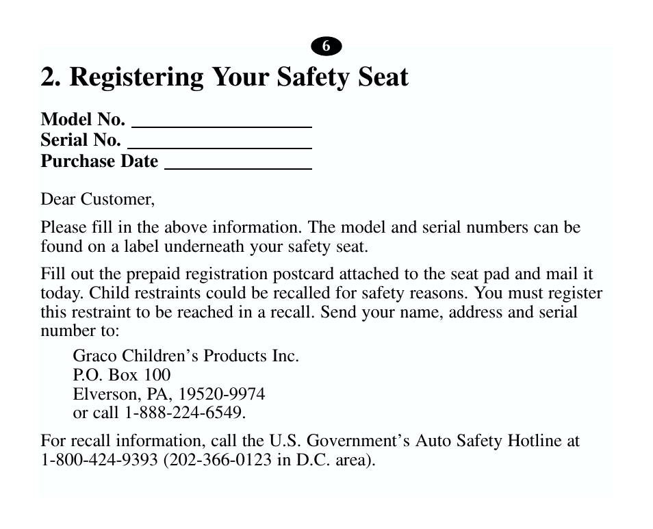 Registering your safety seat | Graco 13785-7-00 User Manual | Page 10 / 66