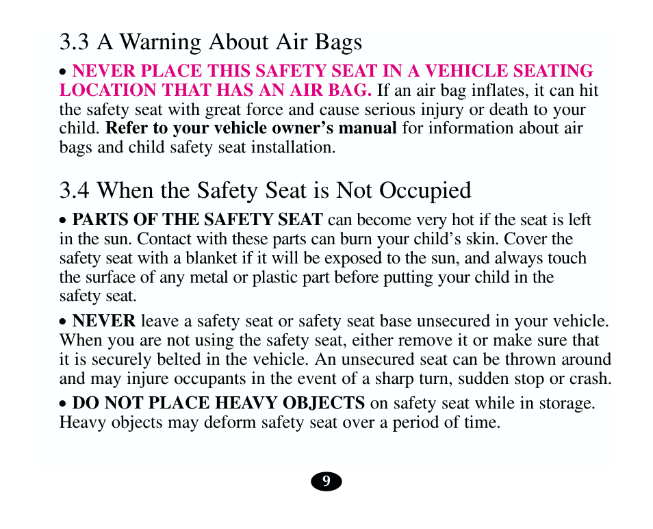 3 a warning about air bags, 4 when the safety seat is not occupied | Graco 13785-7-00 User Manual | Page 13 / 66