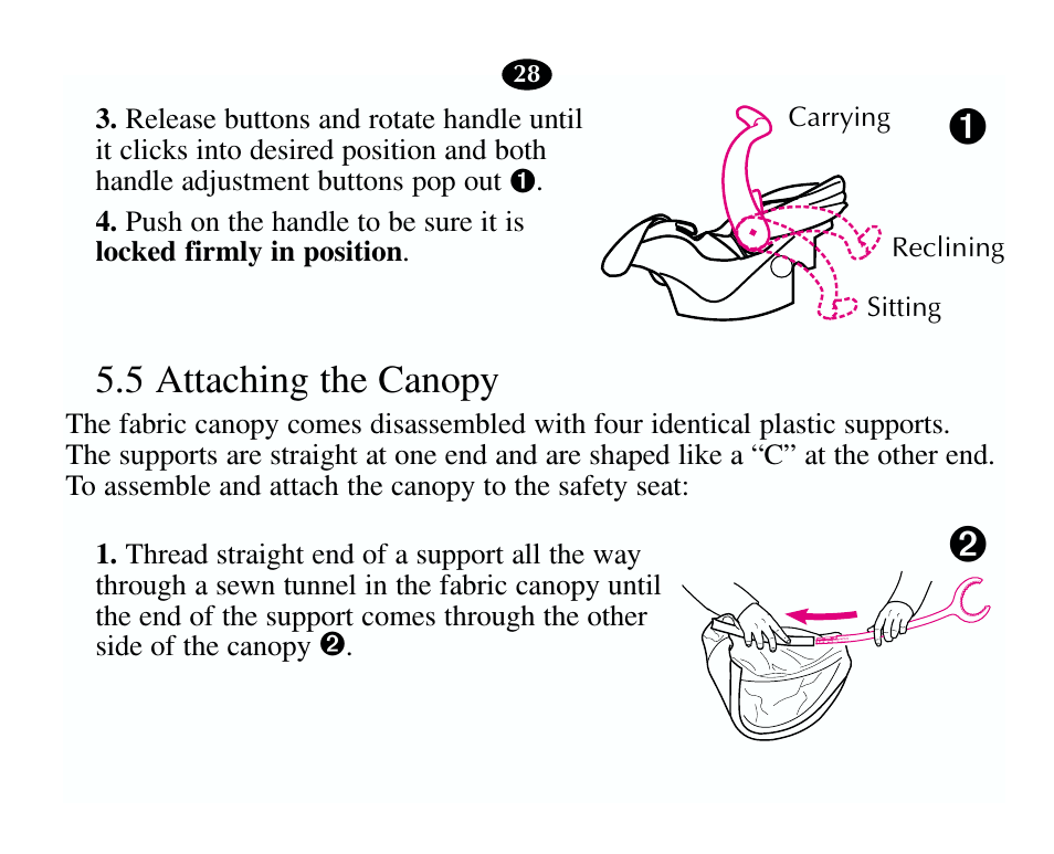 5 attaching the canopy | Graco 13785-7-00 User Manual | Page 32 / 66