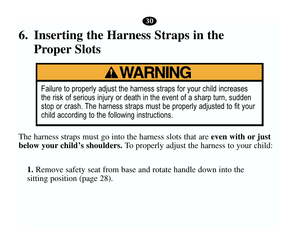 Inserting the harness straps in the proper slots | Graco 13785-7-00 User Manual | Page 34 / 66