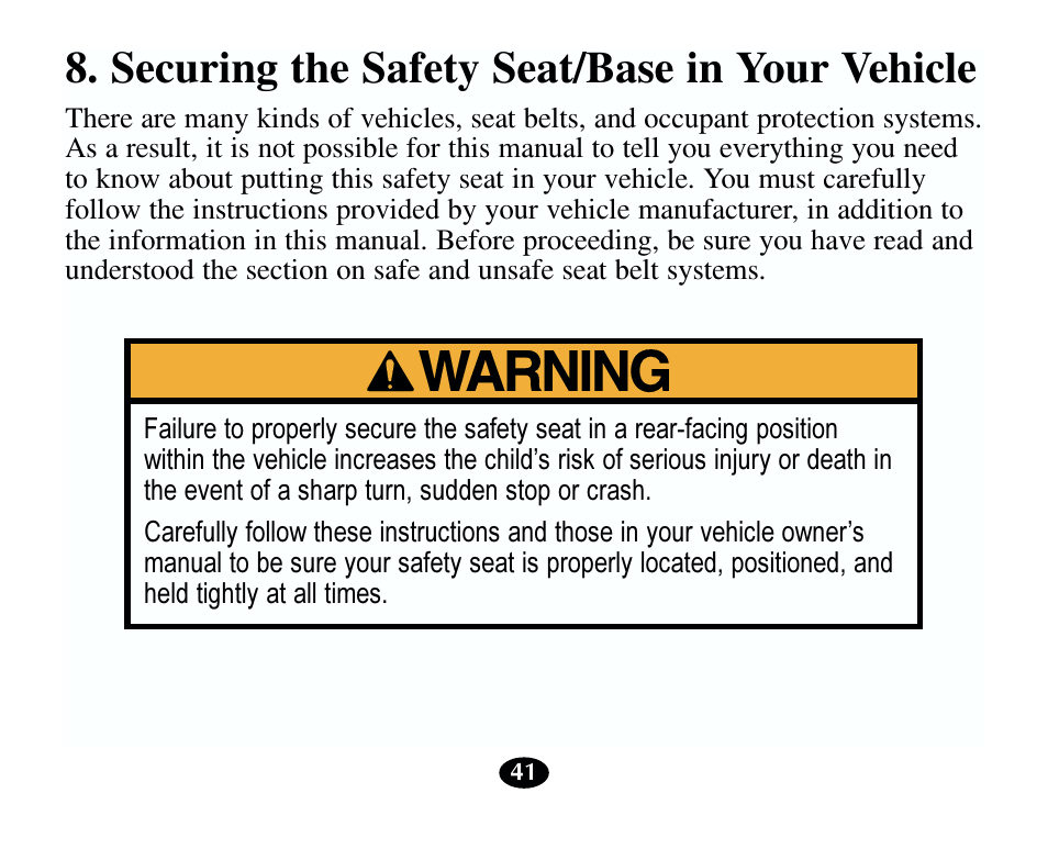 Securing the safety seat/base in your vehicle | Graco 13785-7-00 User Manual | Page 45 / 66