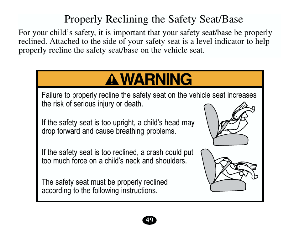 Properly reclining the safety seat/base | Graco 13785-7-00 User Manual | Page 53 / 66
