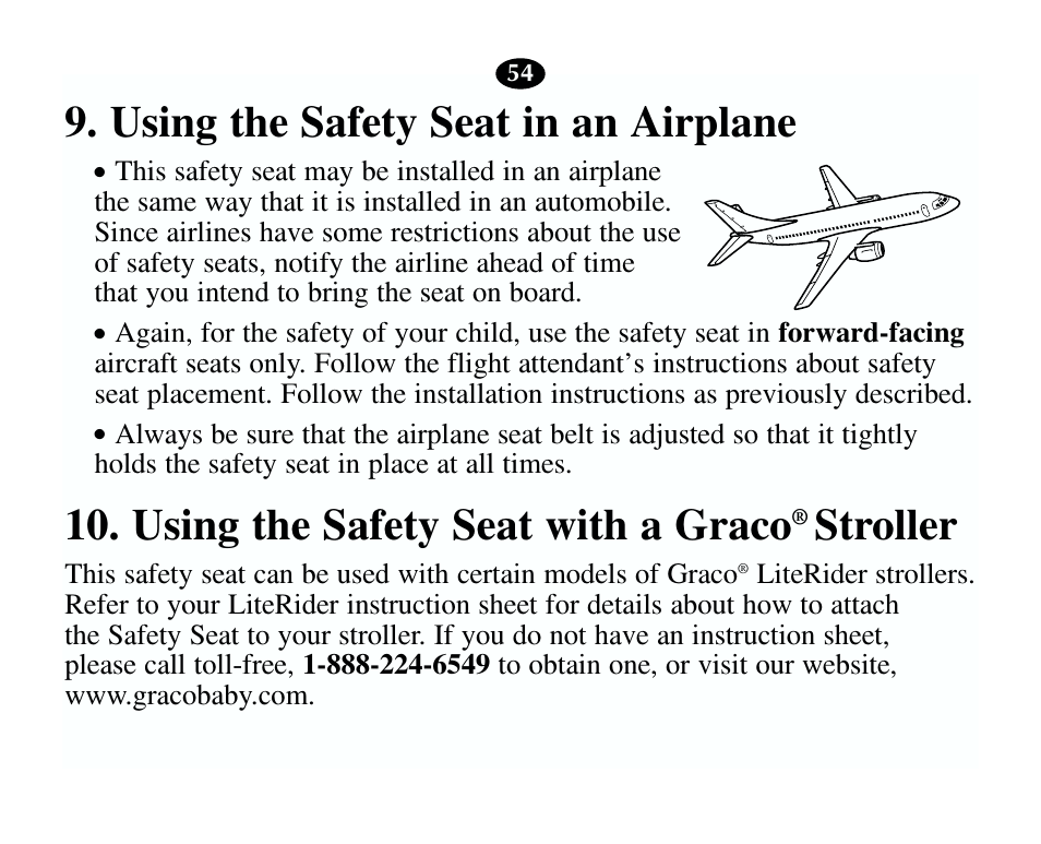Using the safety seat in an airplane, Using the safety seat with a graco, Stroller | Graco 13785-7-00 User Manual | Page 58 / 66