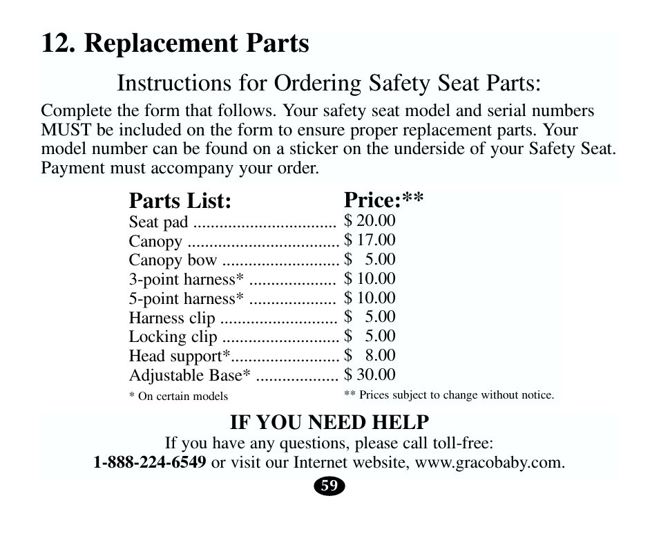 Replacement parts, Instructions for ordering safety seat parts, Parts list | Price, If you need help | Graco 13785-7-00 User Manual | Page 63 / 66