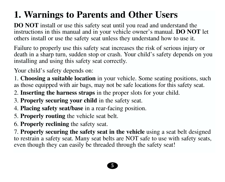 Warnings to parents and other users | Graco 13785-7-00 User Manual | Page 9 / 66