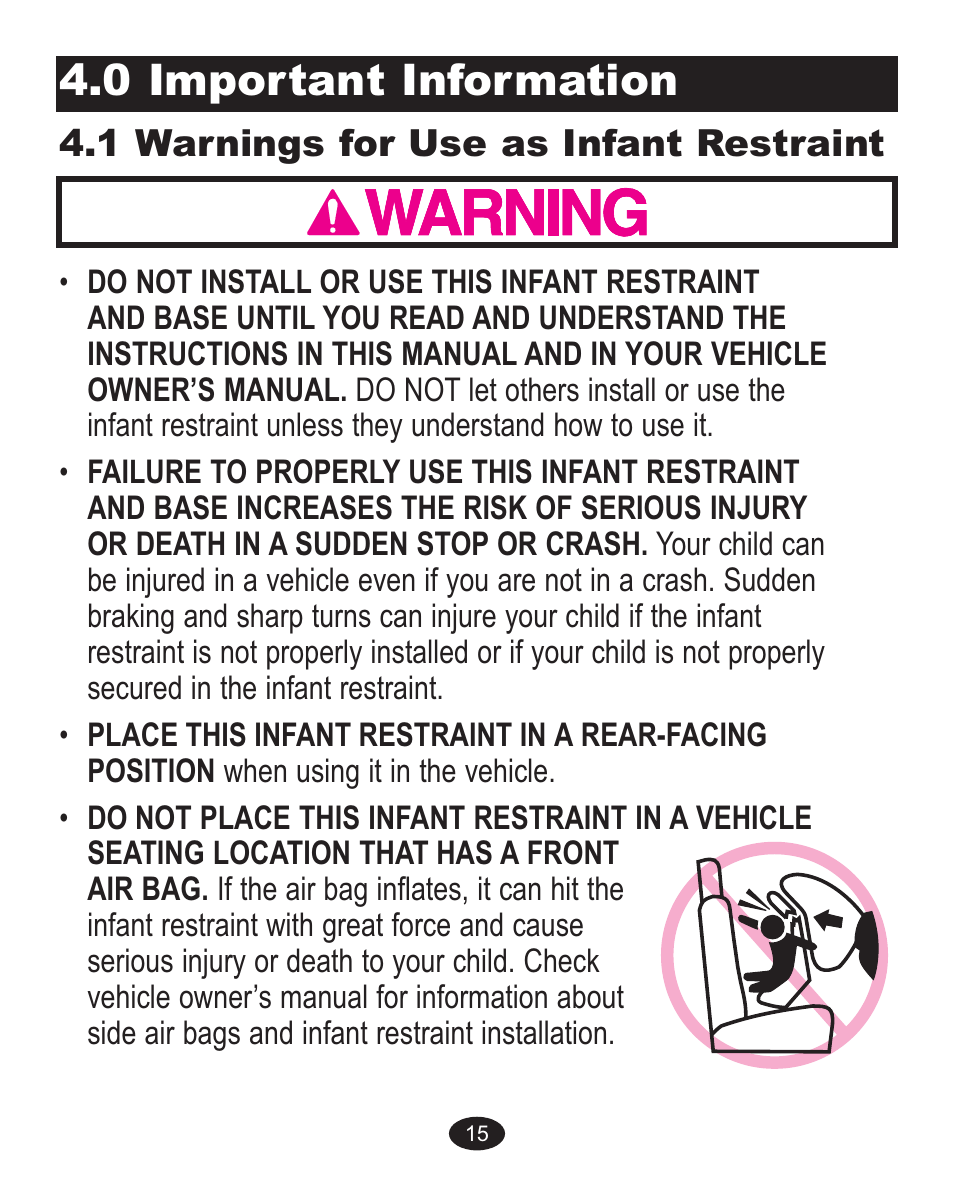 0 important information, 1 warnings for use as infant restraint | Graco 1757978 User Manual | Page 47 / 112