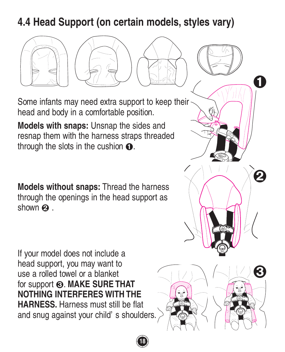 4 head support (on certain models, styles vary) | Graco PD108602A User Manual | Page 62 / 132