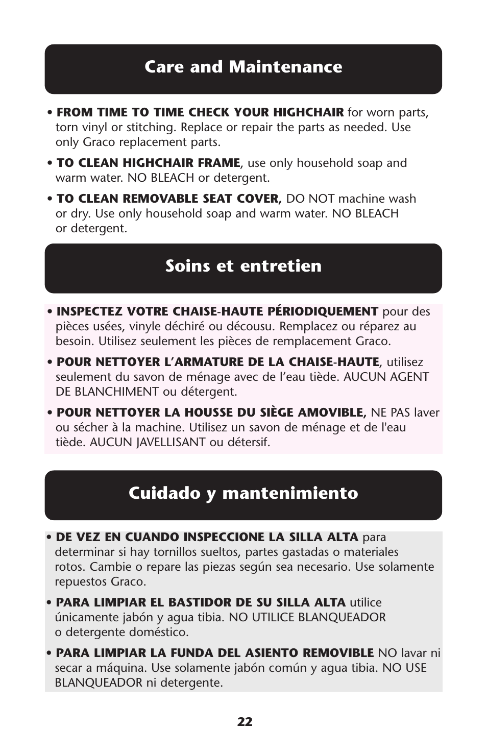 Care and maintenance, Soins et entretien cuidado y mantenimiento | Graco Contempo User Manual | Page 22 / 24