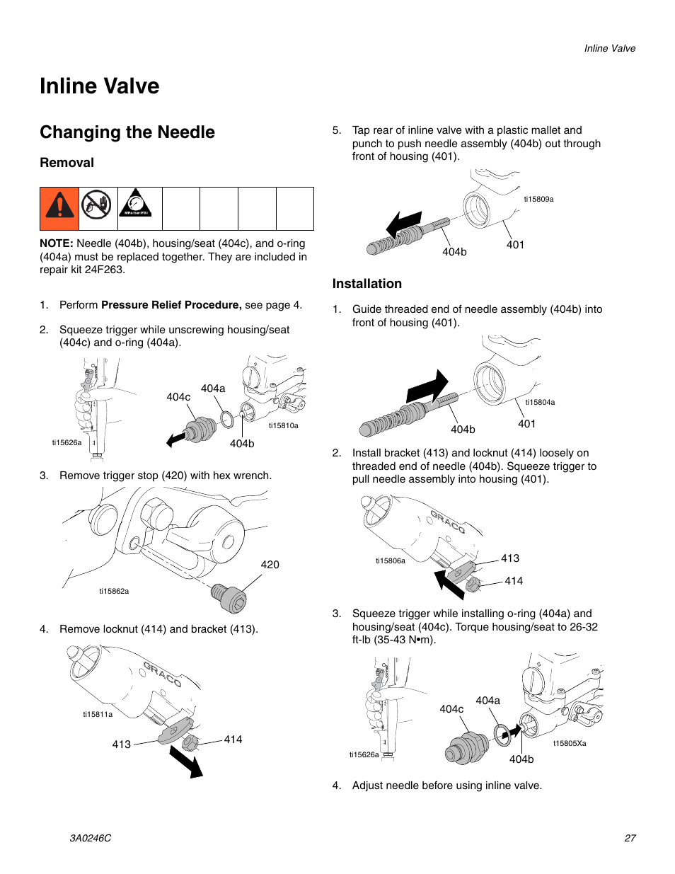 Inline valve, Changing the needle | Graco 258906 User Manual | Page 27 / 40