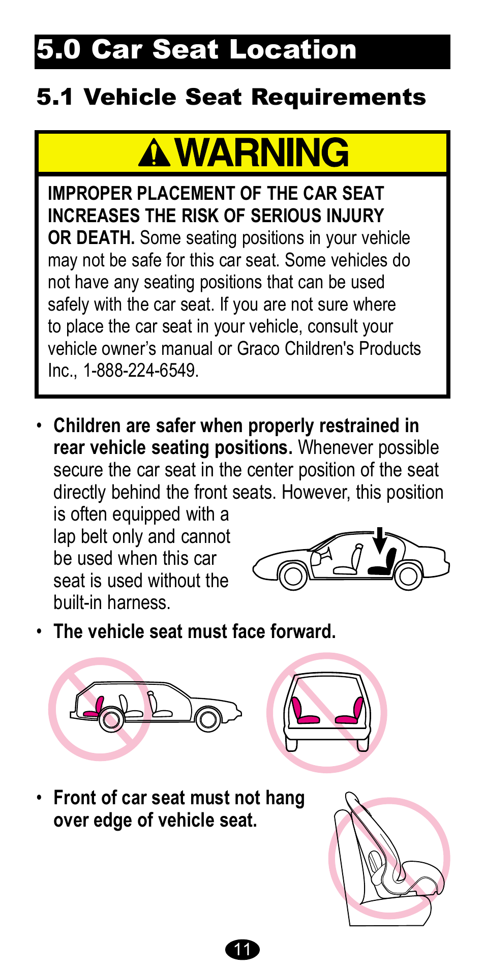 0 car seat location, 1 vehicle seat requirements | Graco 8483 User Manual | Page 11 / 68
