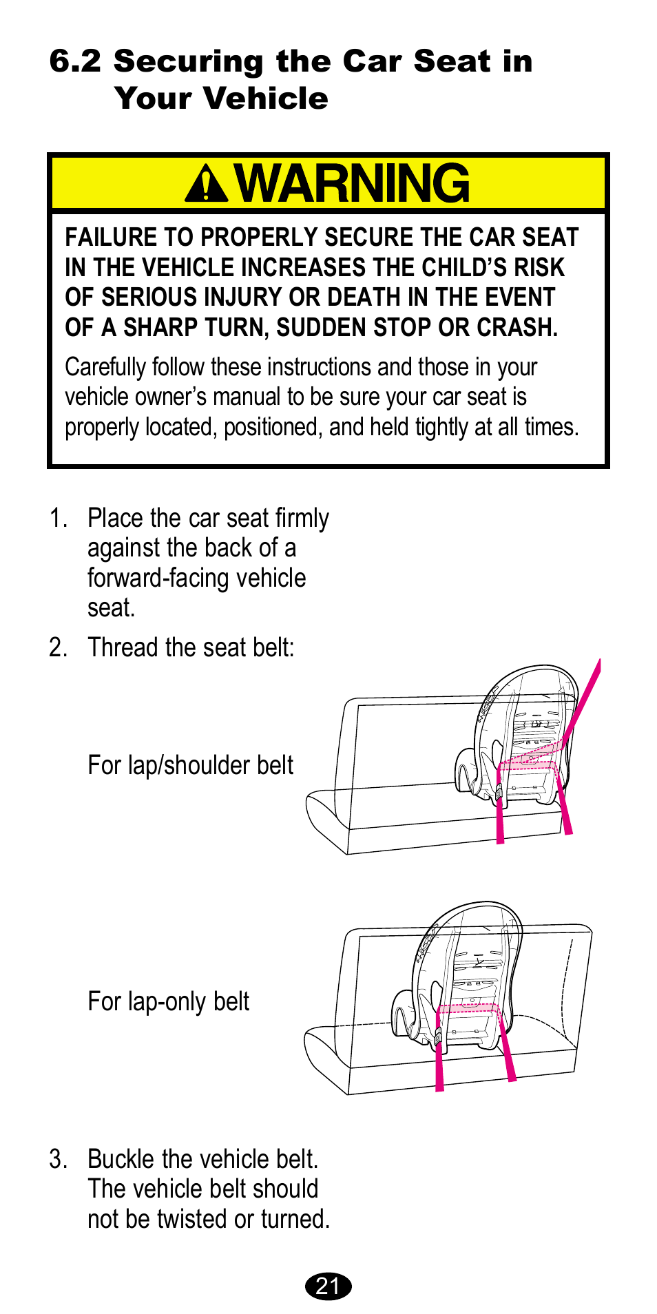 2 securing the car seat in your vehicle | Graco 8483 User Manual | Page 21 / 68