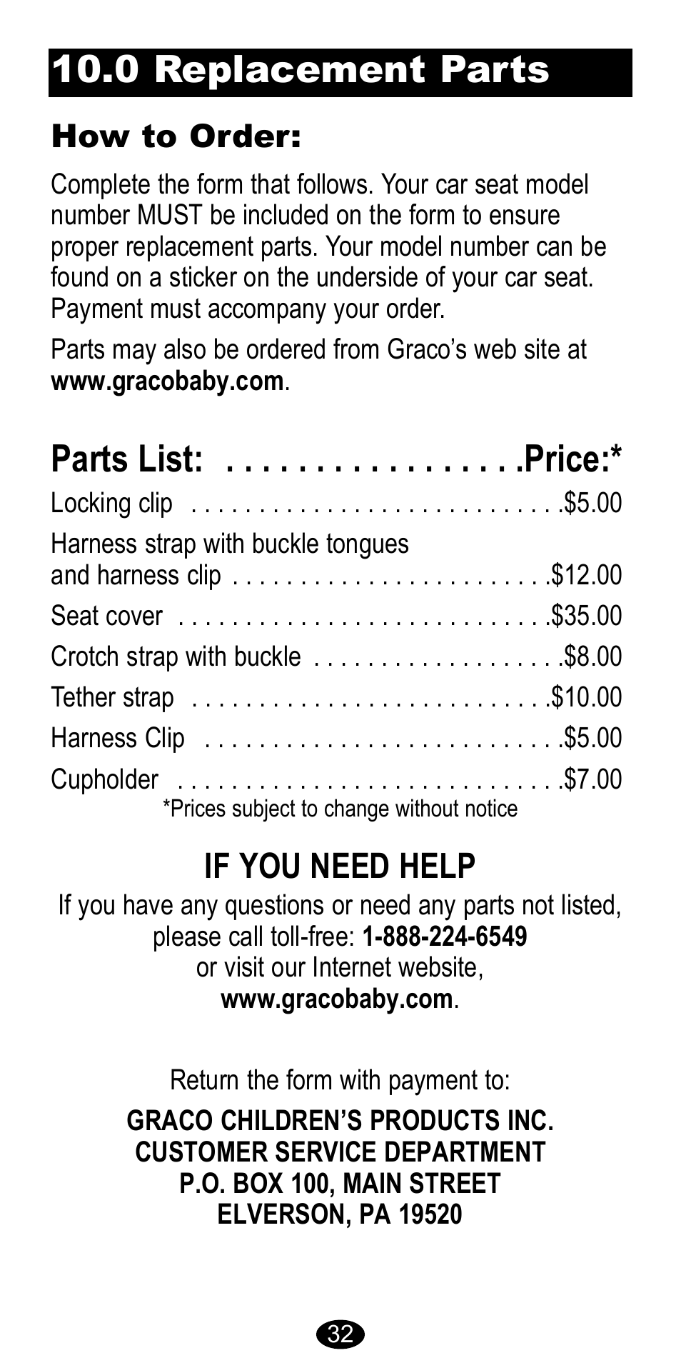 Parts list: . . . . . . . . . . . . . . . . .price, 0 replacement parts, If you need help | How to order | Graco 8483 User Manual | Page 32 / 68