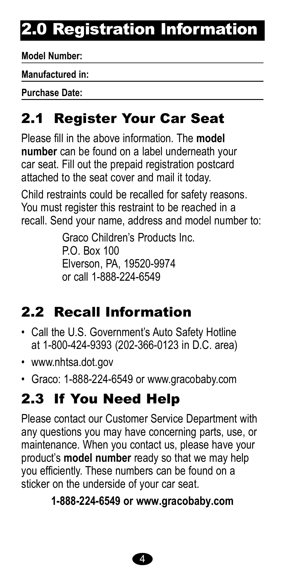 0 registration information, 1 register your car seat 2.3 if you need help, 2 recall information | Graco 8483 User Manual | Page 4 / 68