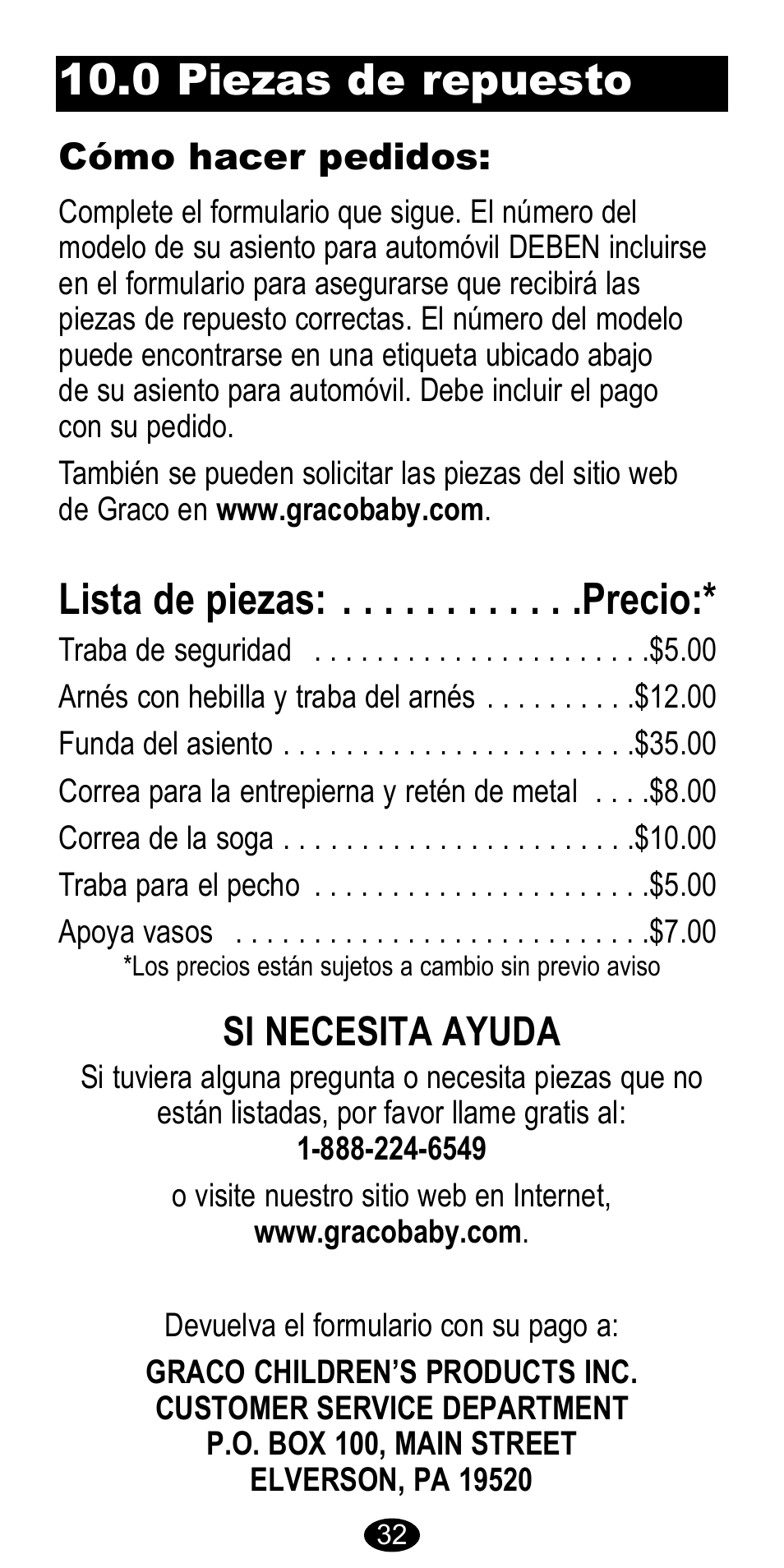 Lista de piezas: . . . . . . . . . . . .precio, 0 piezas de repuesto, Si necesita ayuda | Cómo hacer pedidos | Graco 8483 User Manual | Page 66 / 68
