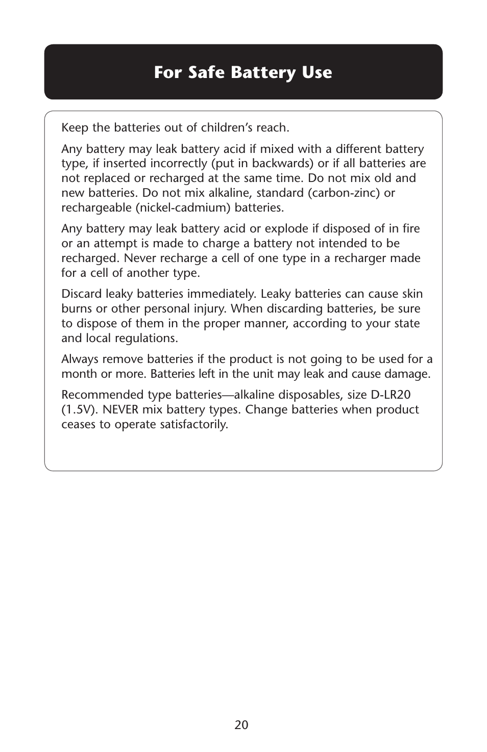 For safe battery use | Graco 1C06WYN User Manual | Page 20 / 40