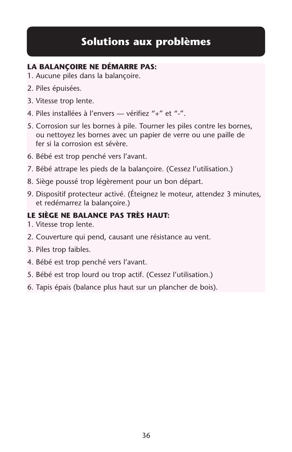 Solutions aux problèmes | Graco 1C06WYN User Manual | Page 36 / 40