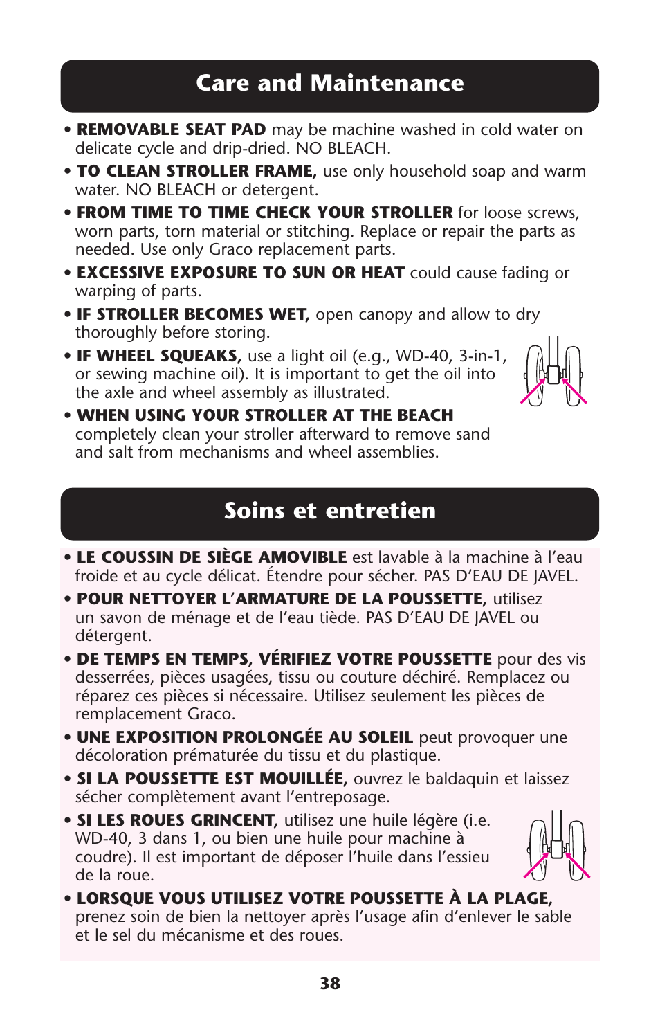 Care and maintenance, Soins et entretien | Graco ISPA162AB User Manual | Page 38 / 128