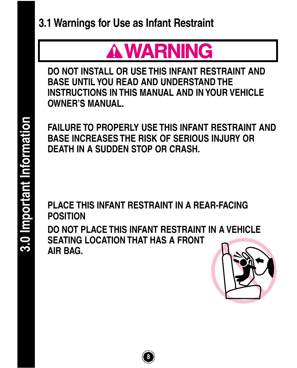 0 impor tant inf ormation, 1 warnings for use as infant restraint | Graco ISPA162AB User Manual | Page 48 / 128
