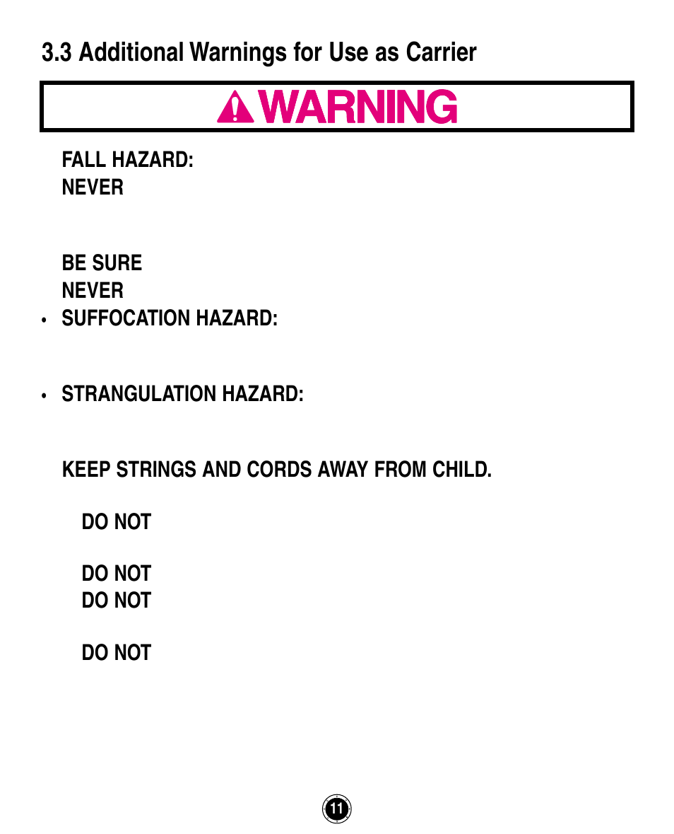 3 additional warnings for use as carrier | Graco ISPA162AB User Manual | Page 51 / 128