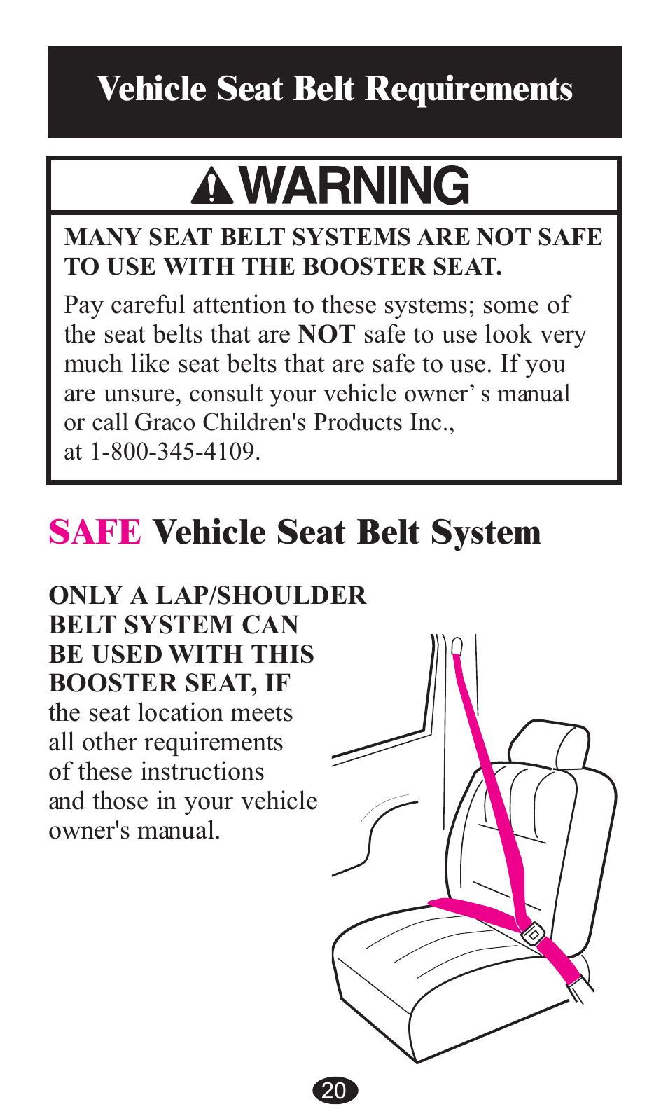 Vehicle seat belt requirements, Safe vehicle seat belt system | Graco ISPB057BA User Manual | Page 20 / 80