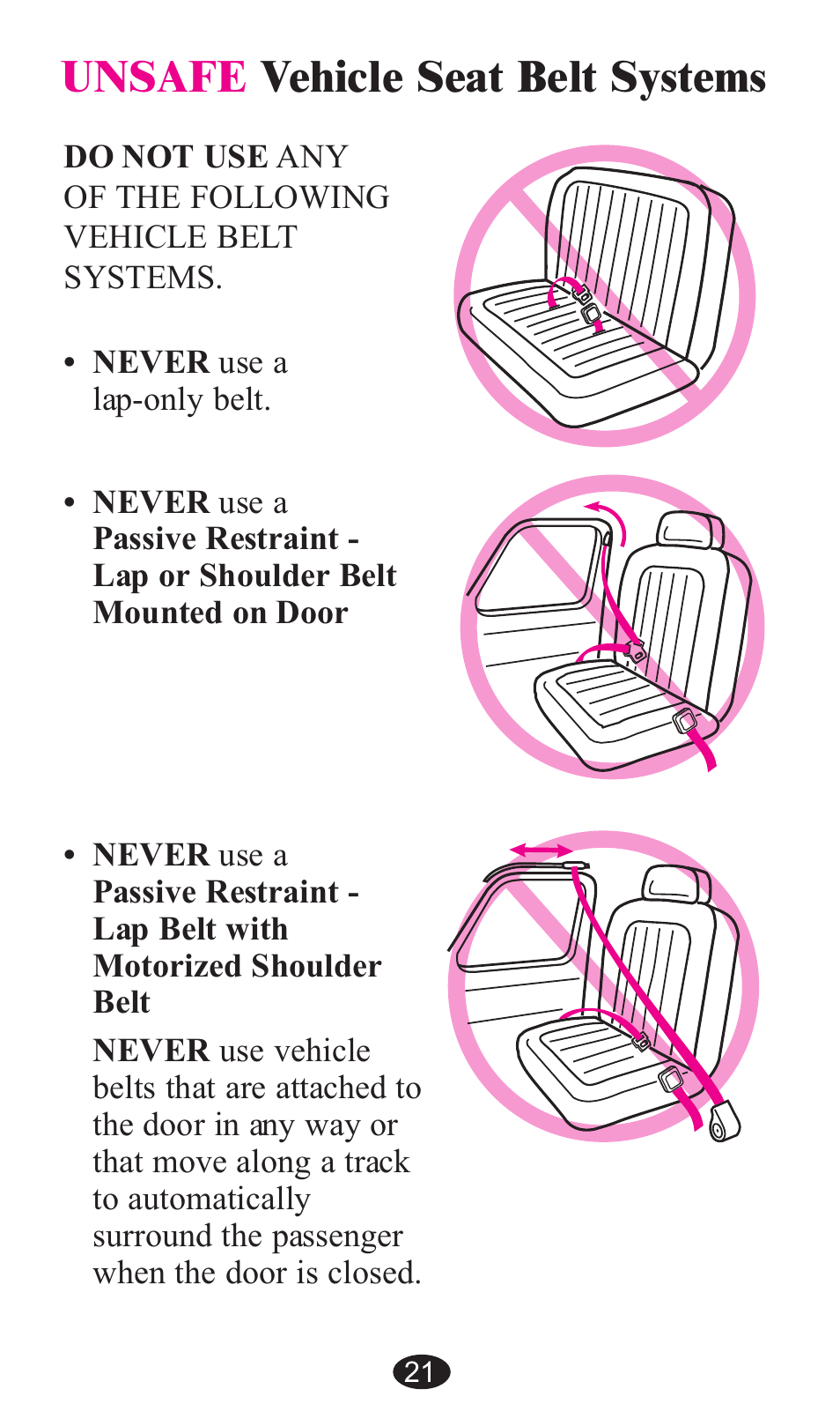 Unsafe vehicle seat belt systems | Graco ISPB057BA User Manual | Page 21 / 80