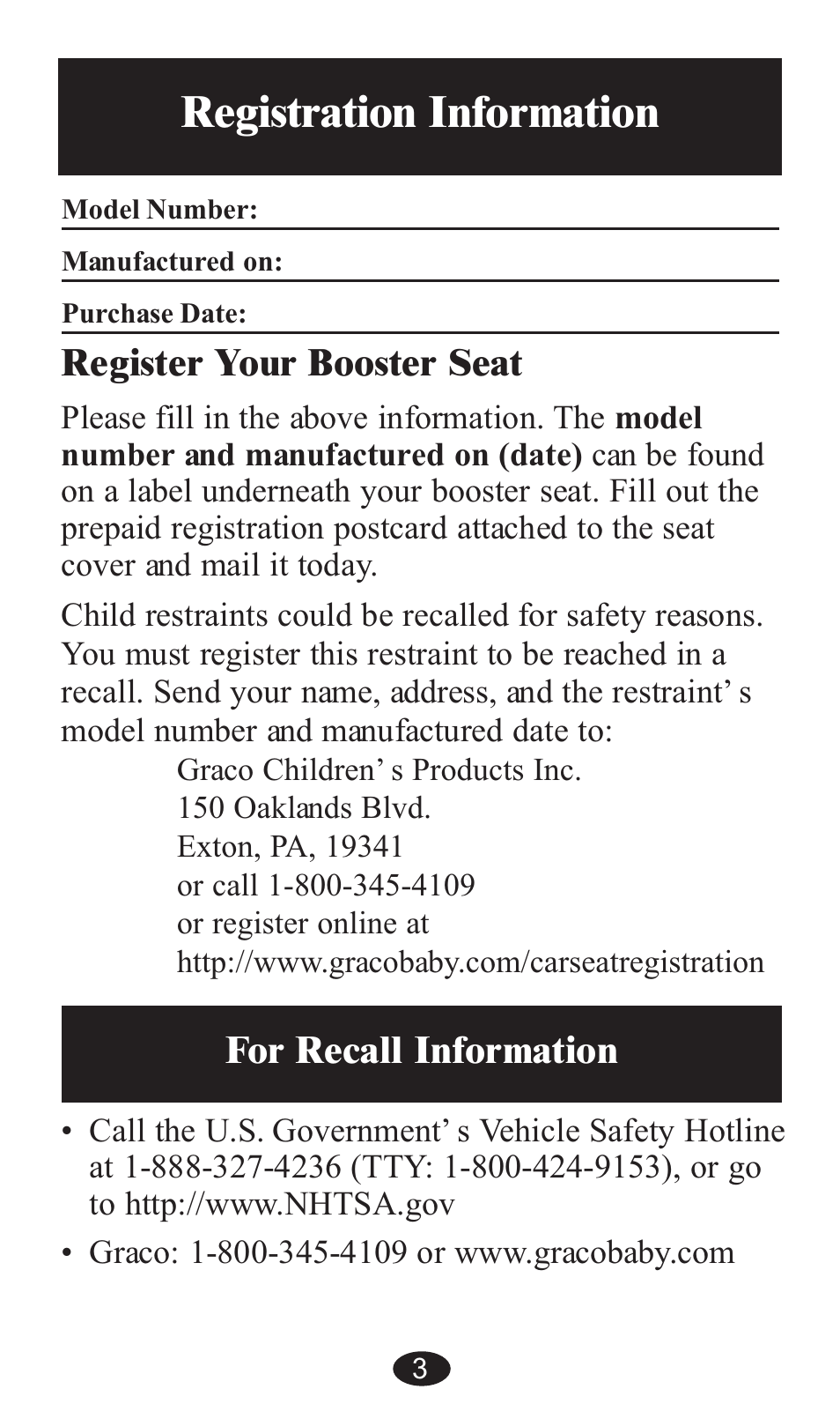 Registration information, Register your booster seat, For recall information | Graco ISPB057BA User Manual | Page 3 / 80