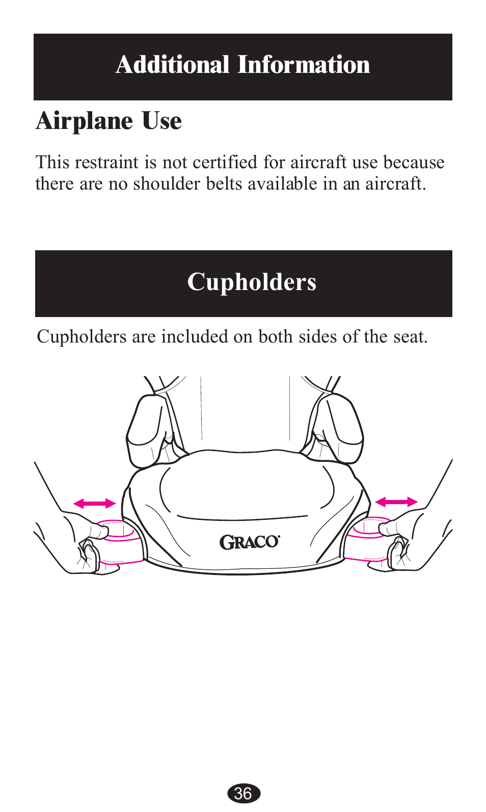 Airplane use, Additional information, Cupholders | Graco ISPB057BA User Manual | Page 36 / 80
